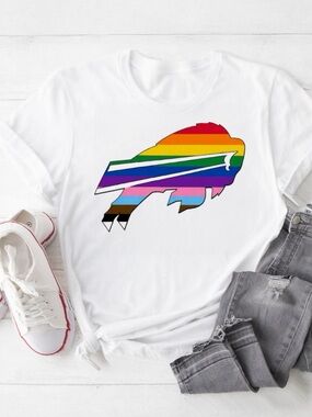 White T‑Shirt with Rainbow Striped Buffalo Graphic